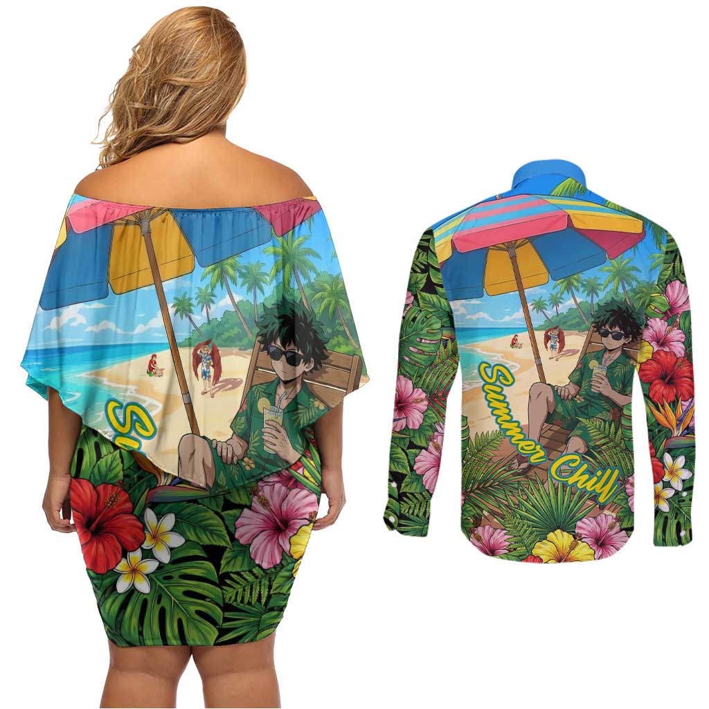 Midoriya Izuku Summer Chill Couples Matching Off Shoulder Short Dress and Long Sleeve Button Shirt Tropical Anime Relaxation Scene