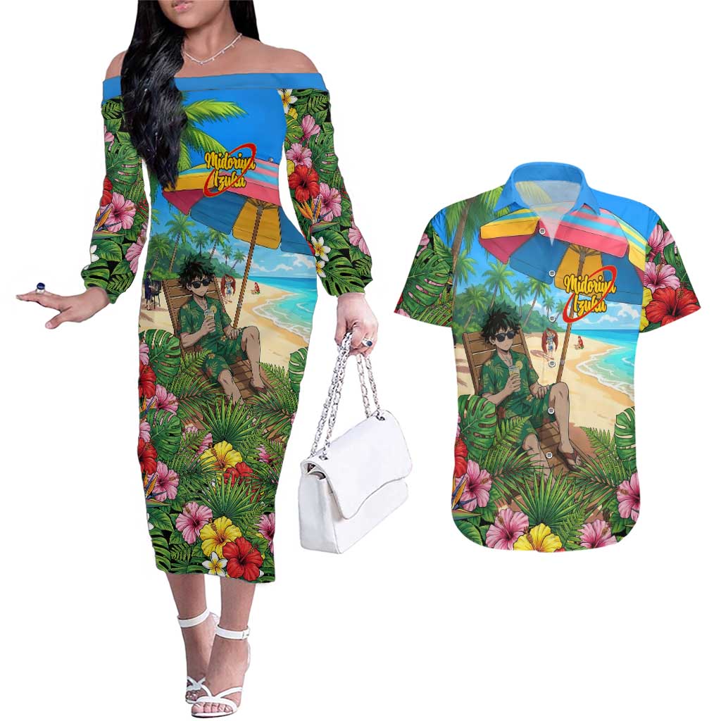 Midoriya Izuku Summer Chill Couples Matching Off The Shoulder Long Sleeve Dress and Hawaiian Shirt Tropical Anime Relaxation Scene