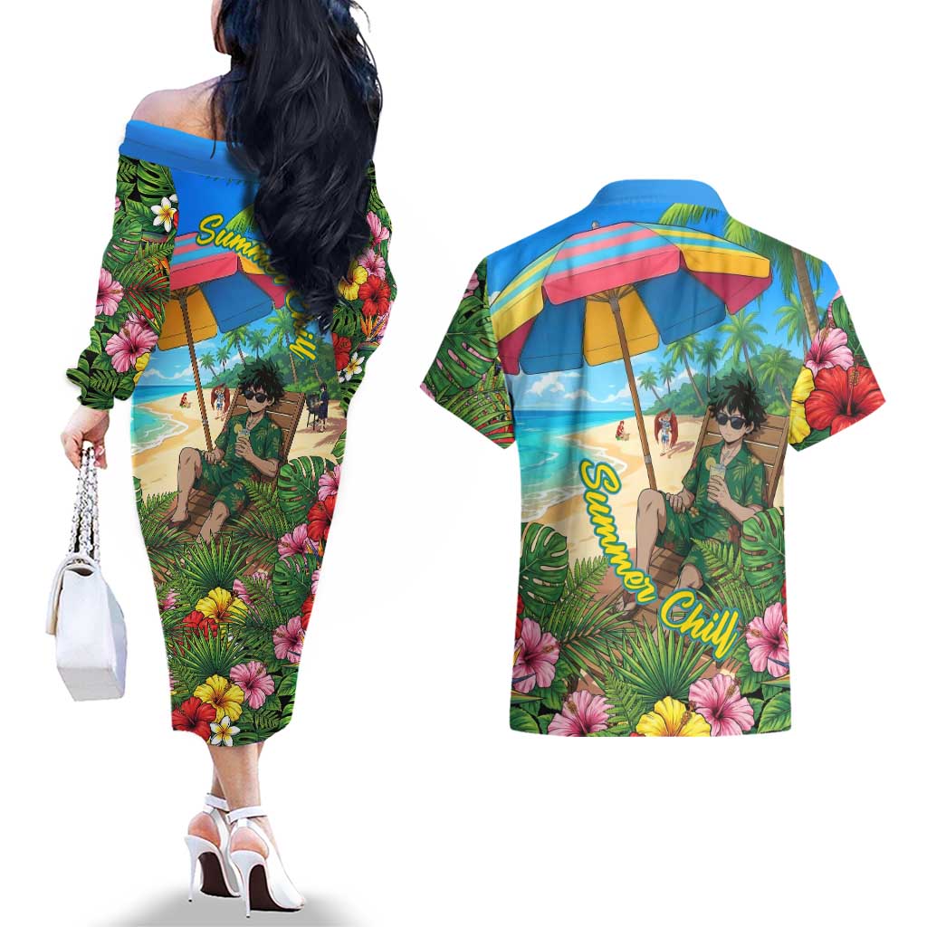 Midoriya Izuku Summer Chill Couples Matching Off The Shoulder Long Sleeve Dress and Hawaiian Shirt Tropical Anime Relaxation Scene