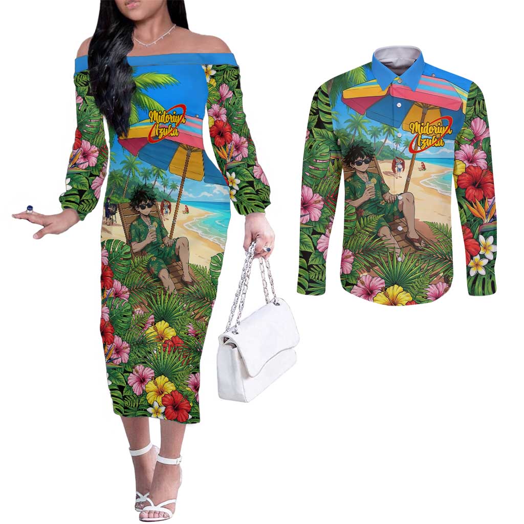 Midoriya Izuku Summer Chill Couples Matching Off The Shoulder Long Sleeve Dress and Long Sleeve Button Shirt Tropical Anime Relaxation Scene
