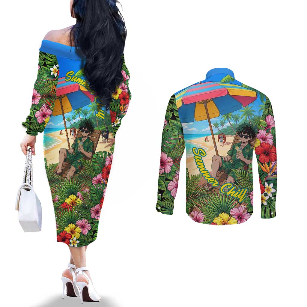 Midoriya Izuku Summer Chill Couples Matching Off The Shoulder Long Sleeve Dress and Long Sleeve Button Shirt Tropical Anime Relaxation Scene