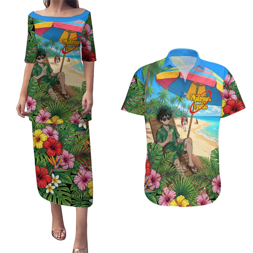 Midoriya Izuku Summer Chill Couples Matching Puletasi and Hawaiian Shirt Tropical Anime Relaxation Scene