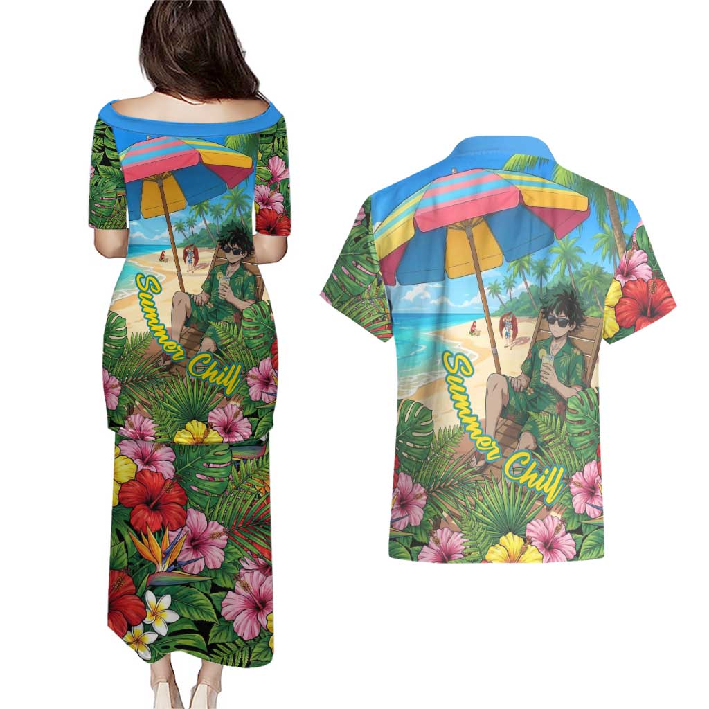 Midoriya Izuku Summer Chill Couples Matching Puletasi and Hawaiian Shirt Tropical Anime Relaxation Scene