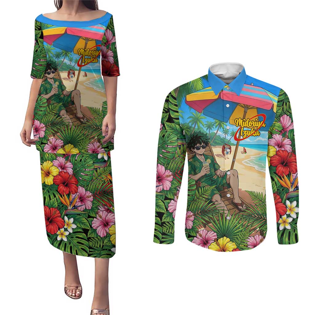 Midoriya Izuku Summer Chill Couples Matching Puletasi and Long Sleeve Button Shirt Tropical Anime Relaxation Scene