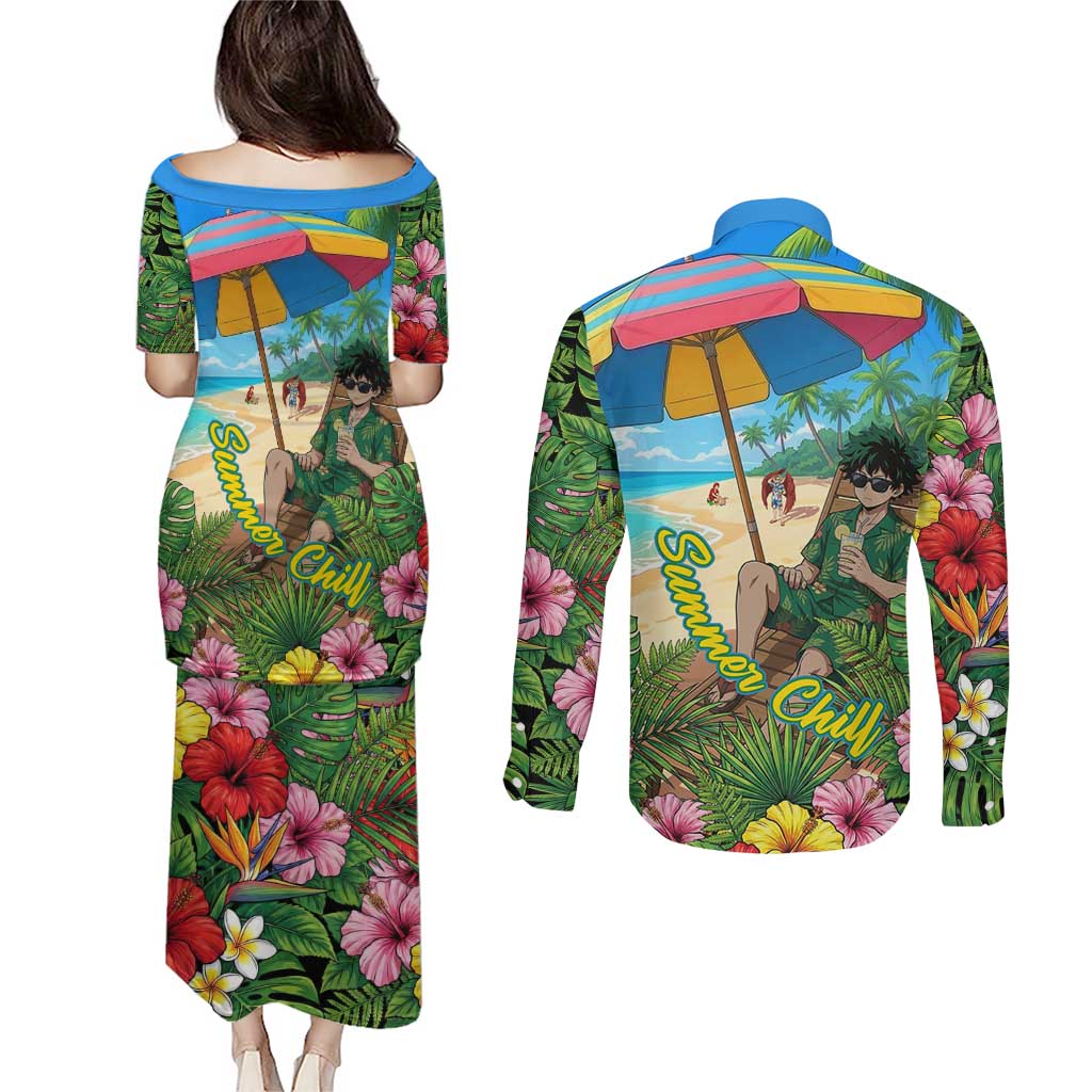 Midoriya Izuku Summer Chill Couples Matching Puletasi and Long Sleeve Button Shirt Tropical Anime Relaxation Scene