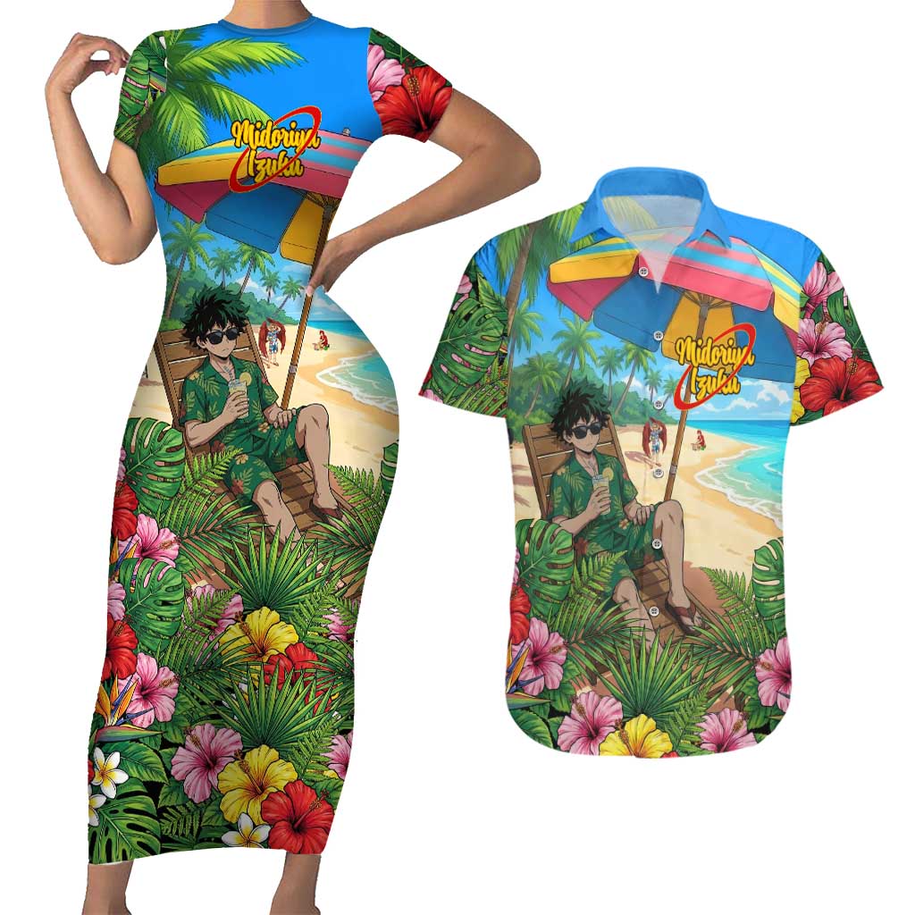 Midoriya Izuku Summer Chill Couples Matching Short Sleeve Bodycon Dress and Hawaiian Shirt Tropical Anime Relaxation Scene