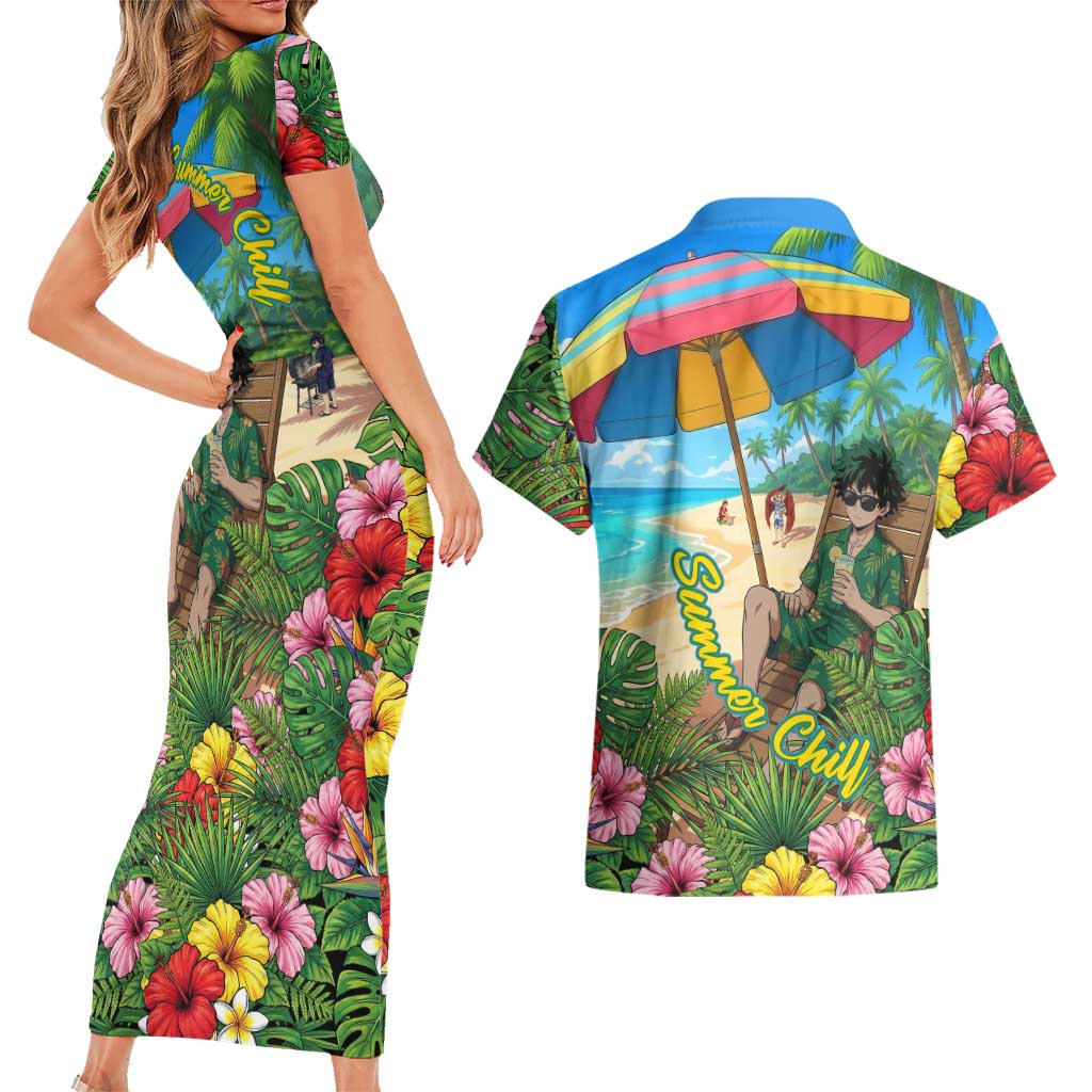 Midoriya Izuku Summer Chill Couples Matching Short Sleeve Bodycon Dress and Hawaiian Shirt Tropical Anime Relaxation Scene