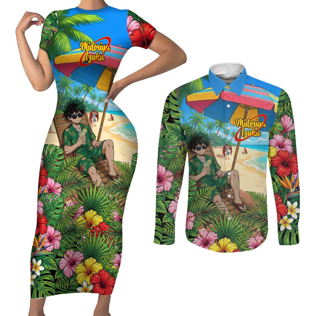 Midoriya Izuku Summer Chill Couples Matching Short Sleeve Bodycon Dress and Long Sleeve Button Shirt Tropical Anime Relaxation Scene