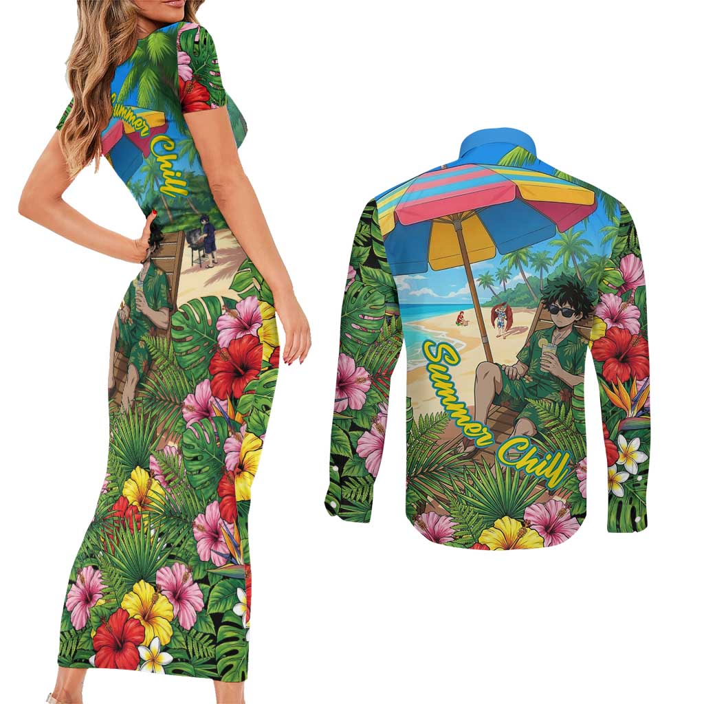 Midoriya Izuku Summer Chill Couples Matching Short Sleeve Bodycon Dress and Long Sleeve Button Shirt Tropical Anime Relaxation Scene