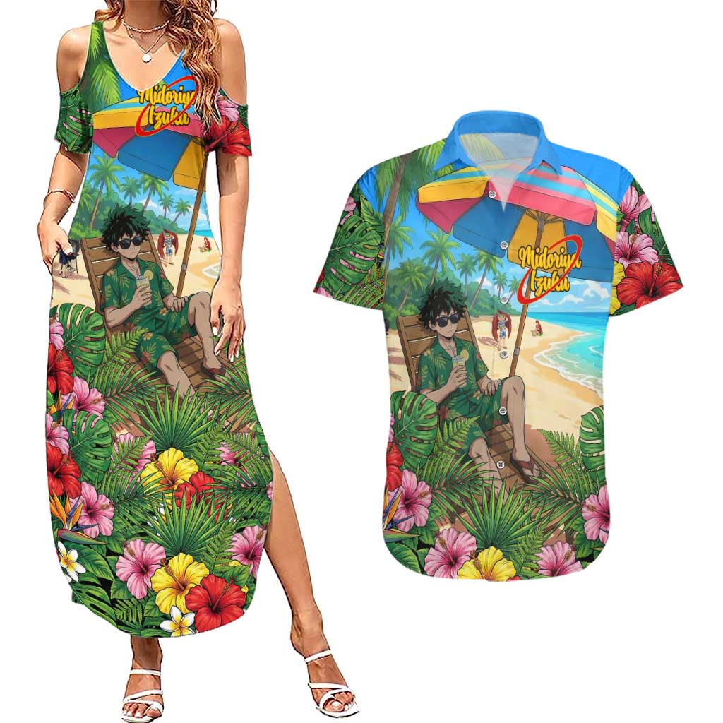 Midoriya Izuku Summer Chill Couples Matching Summer Maxi Dress and Hawaiian Shirt Tropical Anime Relaxation Scene