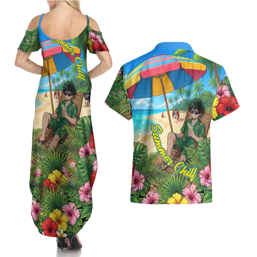 Midoriya Izuku Summer Chill Couples Matching Summer Maxi Dress and Hawaiian Shirt Tropical Anime Relaxation Scene