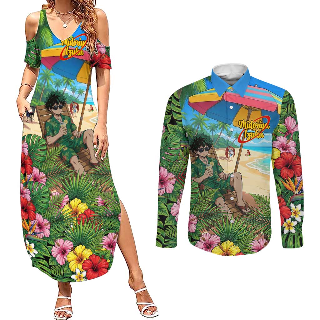 Midoriya Izuku Summer Chill Couples Matching Summer Maxi Dress and Long Sleeve Button Shirt Tropical Anime Relaxation Scene