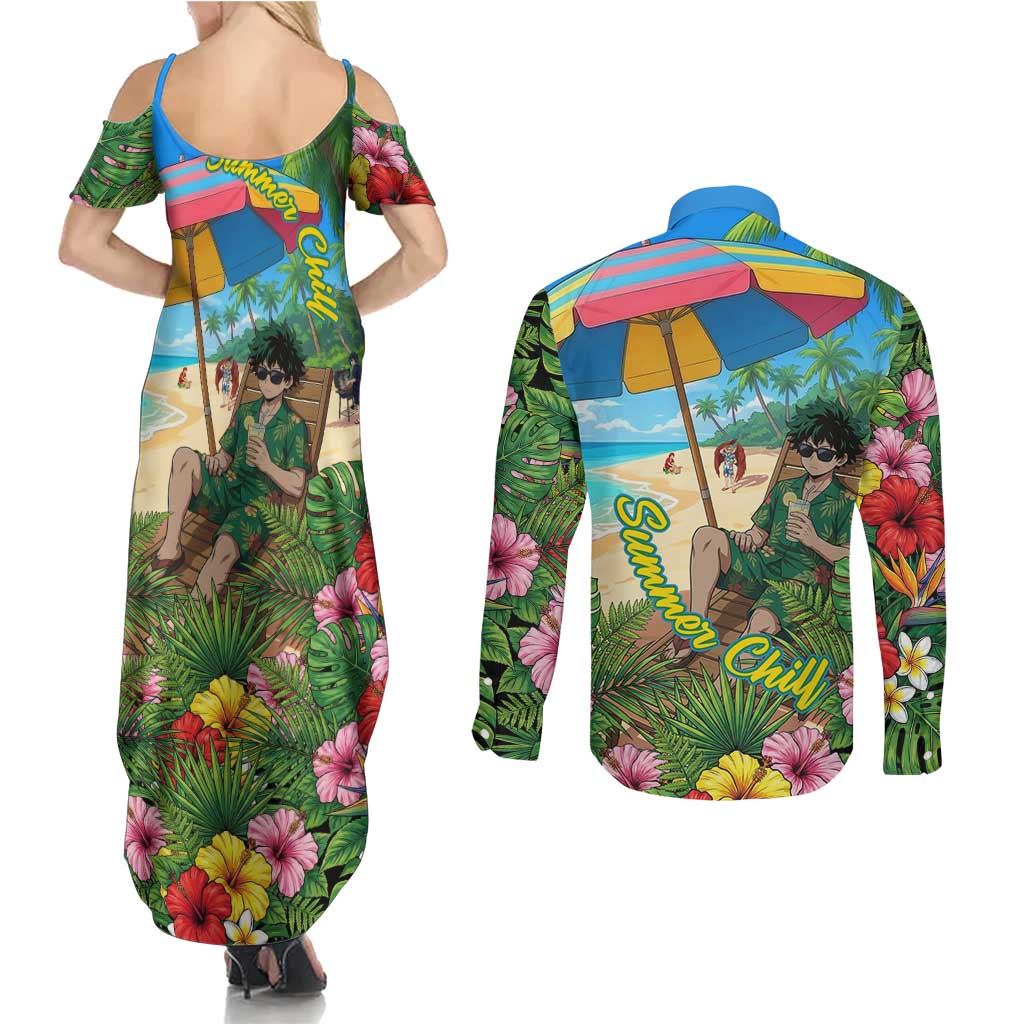Midoriya Izuku Summer Chill Couples Matching Summer Maxi Dress and Long Sleeve Button Shirt Tropical Anime Relaxation Scene