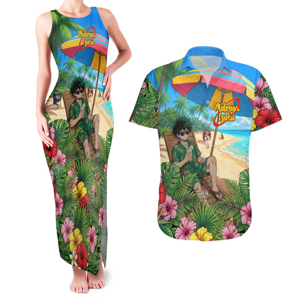 Midoriya Izuku Summer Chill Couples Matching Tank Maxi Dress and Hawaiian Shirt Tropical Anime Relaxation Scene