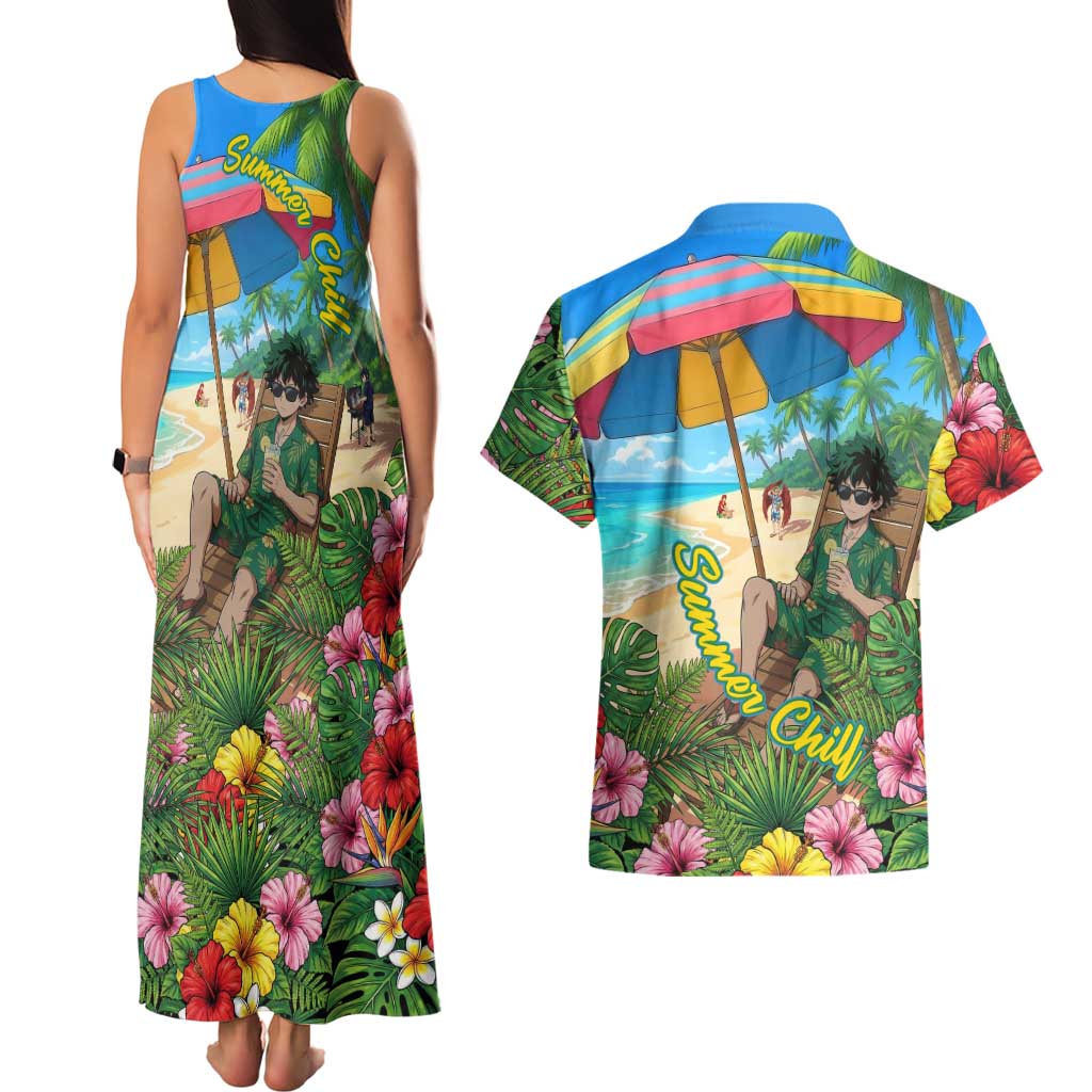 Midoriya Izuku Summer Chill Couples Matching Tank Maxi Dress and Hawaiian Shirt Tropical Anime Relaxation Scene