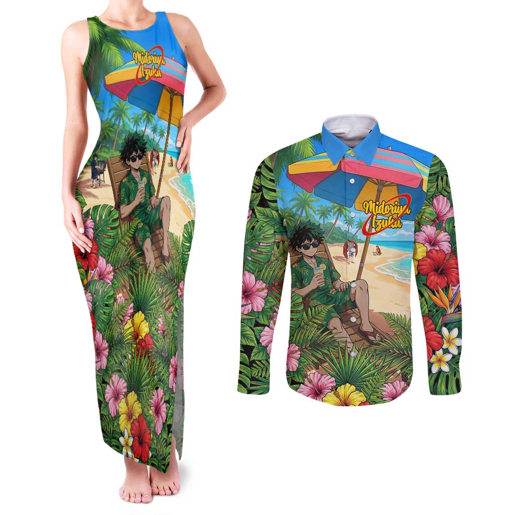 Midoriya Izuku Summer Chill Couples Matching Tank Maxi Dress and Long Sleeve Button Shirt Tropical Anime Relaxation Scene