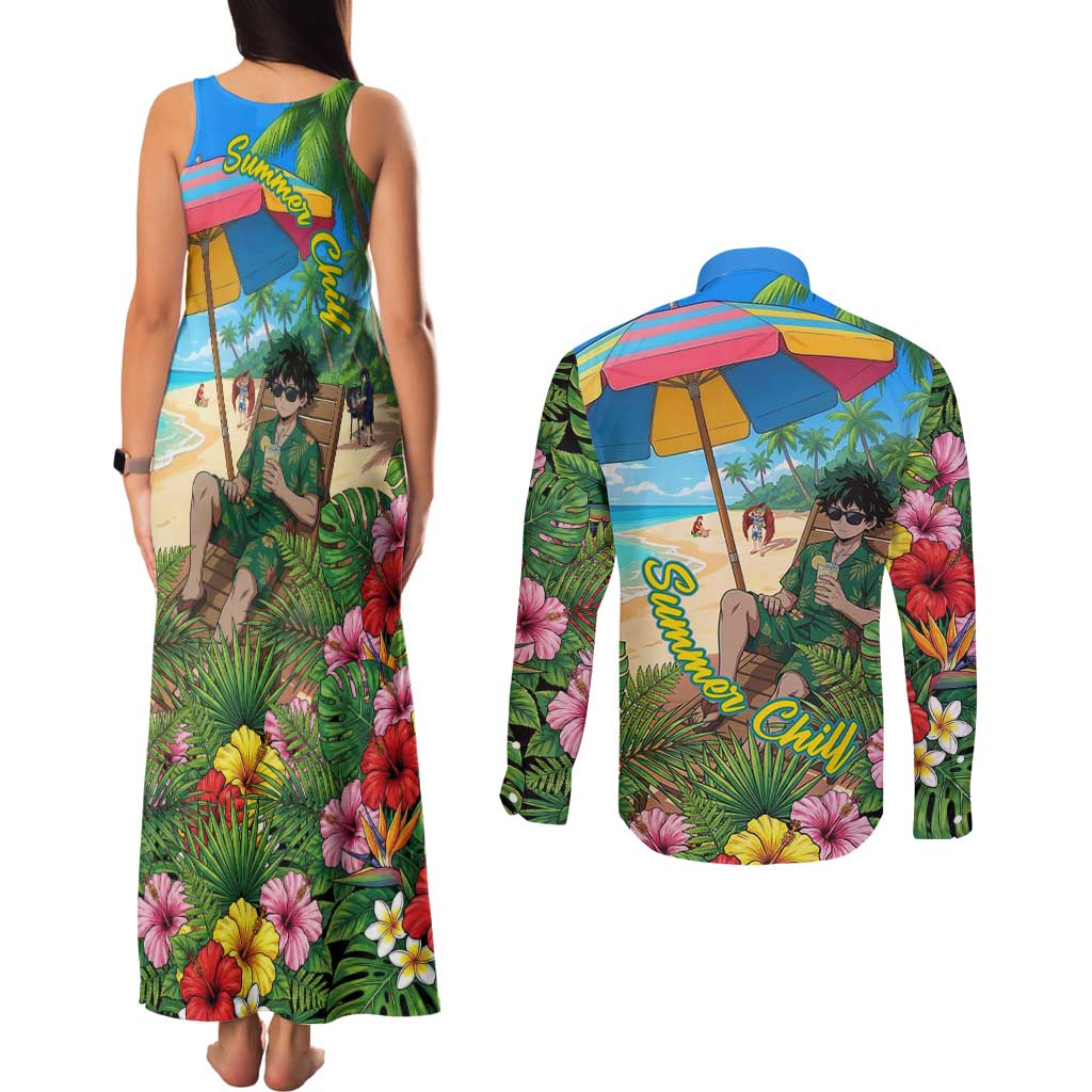 Midoriya Izuku Summer Chill Couples Matching Tank Maxi Dress and Long Sleeve Button Shirt Tropical Anime Relaxation Scene