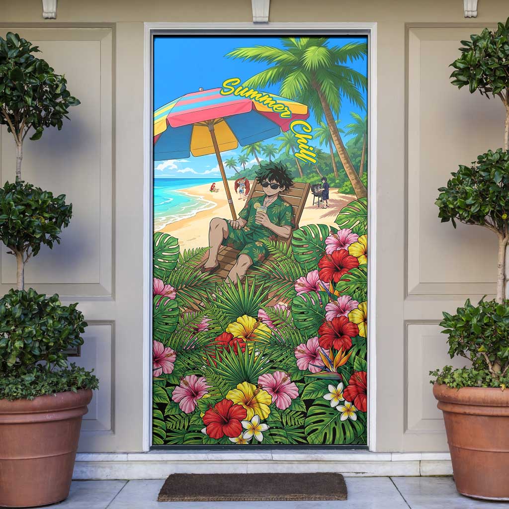 Midoriya Izuku Summer Chill Door Cover Tropical Anime Relaxation Scene