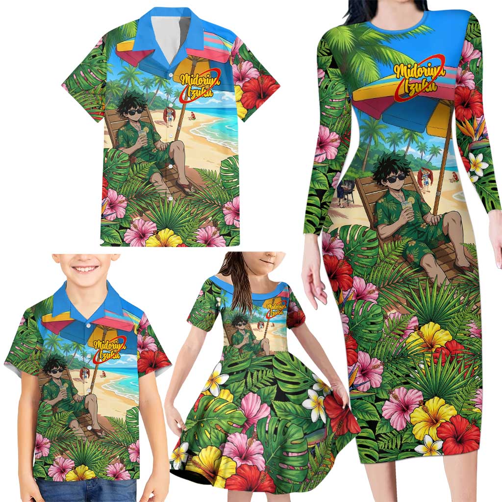 Midoriya Izuku Summer Chill Family Matching Long Sleeve Bodycon Dress and Hawaiian Shirt Tropical Anime Relaxation Scene