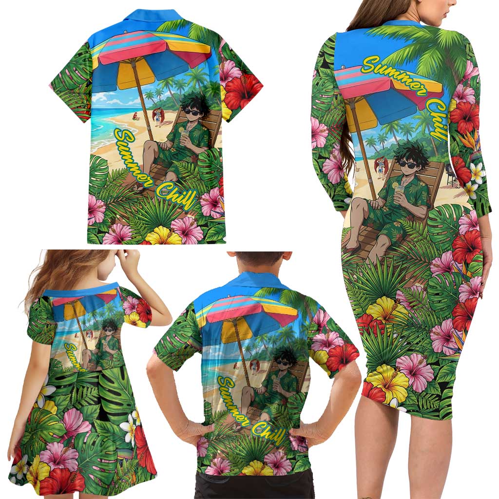 Midoriya Izuku Summer Chill Family Matching Long Sleeve Bodycon Dress and Hawaiian Shirt Tropical Anime Relaxation Scene
