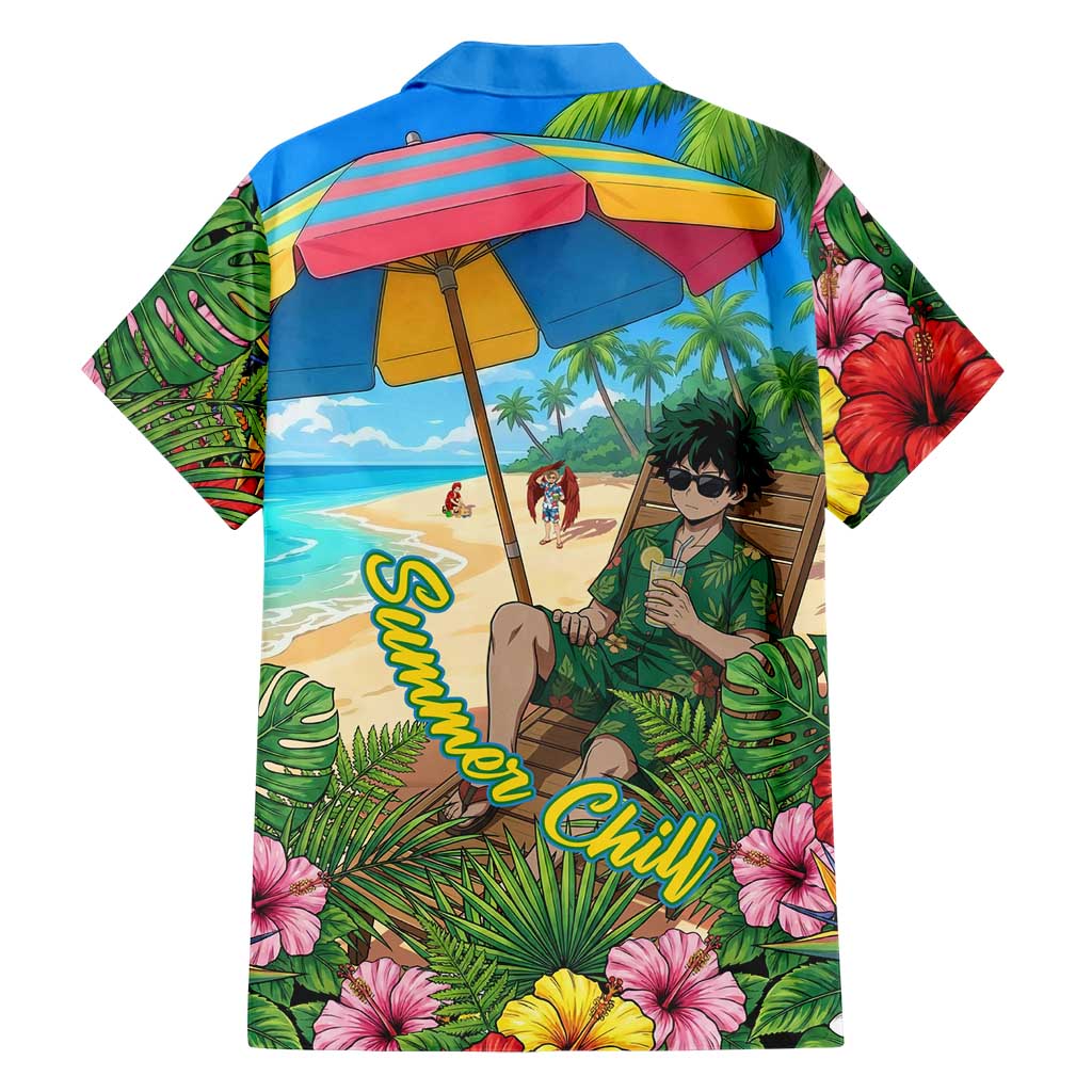 Midoriya Izuku Summer Chill Family Matching Long Sleeve Bodycon Dress and Hawaiian Shirt Tropical Anime Relaxation Scene