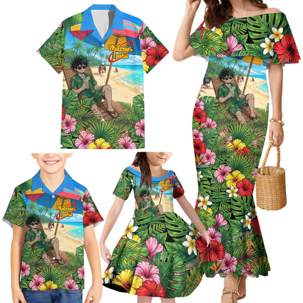 Midoriya Izuku Summer Chill Family Matching Mermaid Dress and Hawaiian Shirt Tropical Anime Relaxation Scene