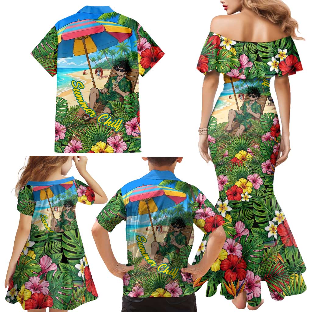 Midoriya Izuku Summer Chill Family Matching Mermaid Dress and Hawaiian Shirt Tropical Anime Relaxation Scene