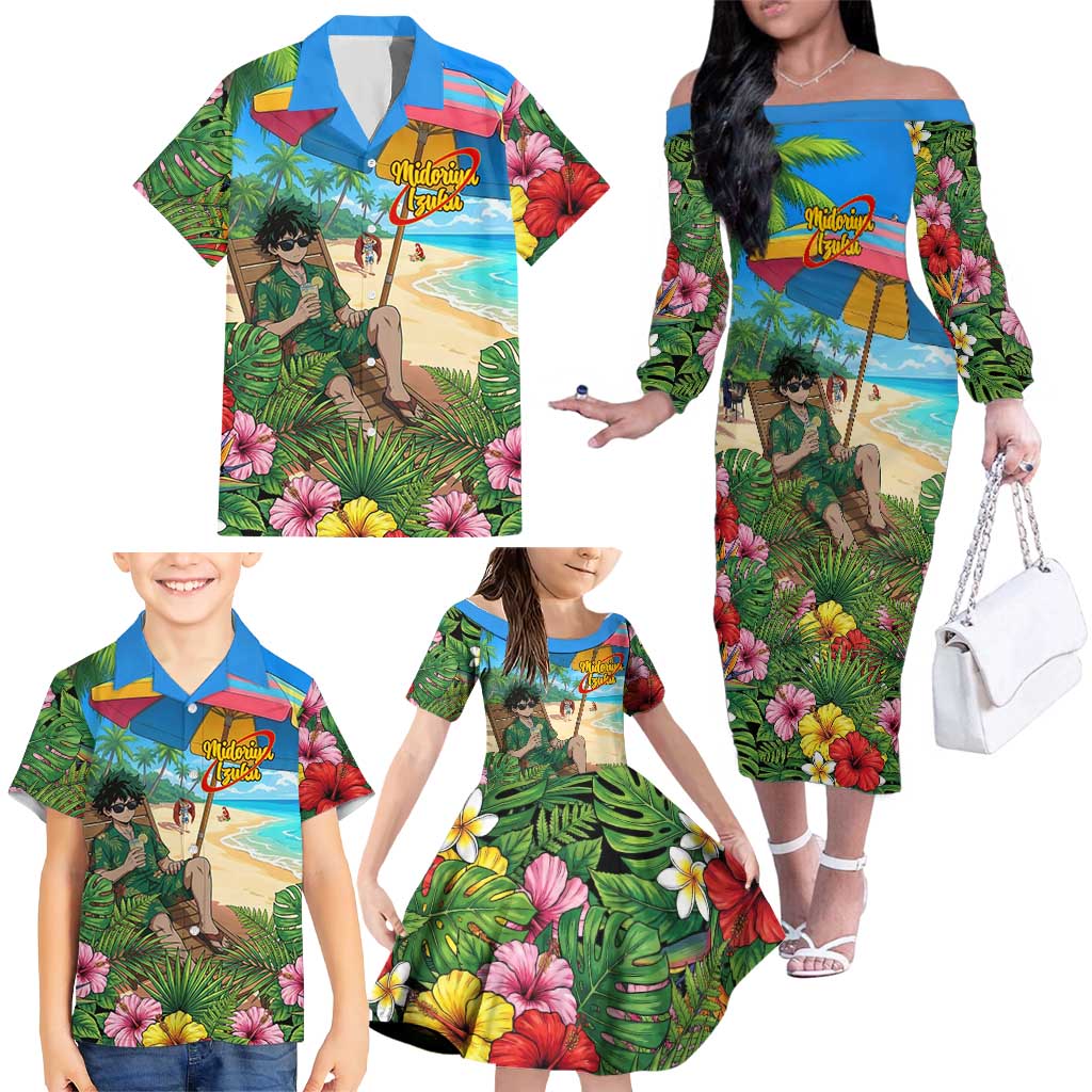 Midoriya Izuku Summer Chill Family Matching Off The Shoulder Long Sleeve Dress and Hawaiian Shirt Tropical Anime Relaxation Scene