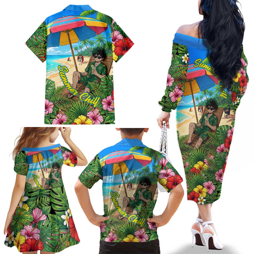 Midoriya Izuku Summer Chill Family Matching Off The Shoulder Long Sleeve Dress and Hawaiian Shirt Tropical Anime Relaxation Scene
