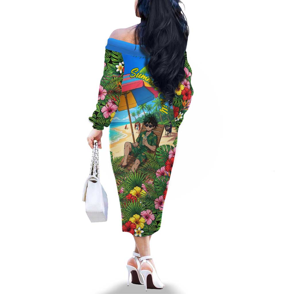 Midoriya Izuku Summer Chill Family Matching Off The Shoulder Long Sleeve Dress and Hawaiian Shirt Tropical Anime Relaxation Scene