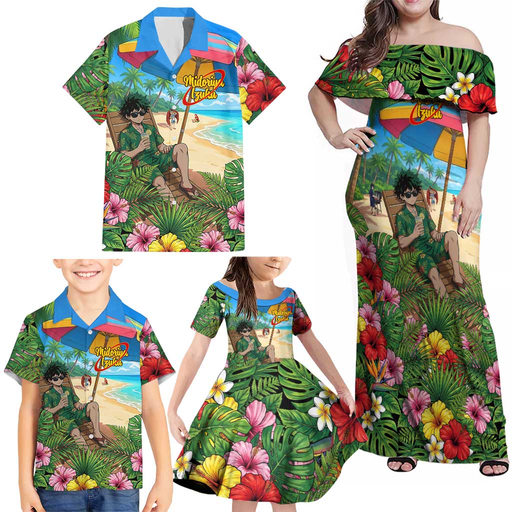 Midoriya Izuku Summer Chill Family Matching Off Shoulder Maxi Dress and Hawaiian Shirt Tropical Anime Relaxation Scene