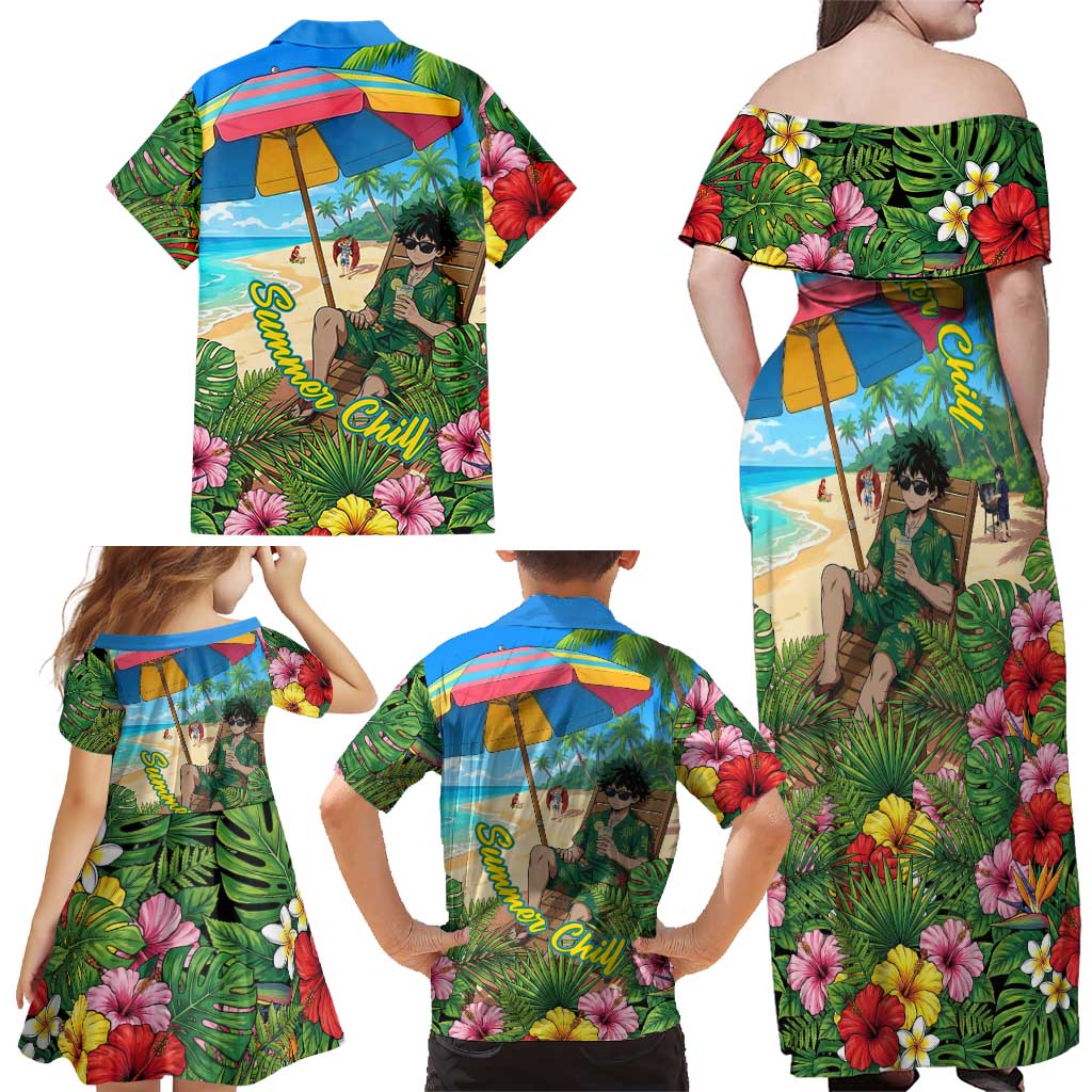 Midoriya Izuku Summer Chill Family Matching Off Shoulder Maxi Dress and Hawaiian Shirt Tropical Anime Relaxation Scene