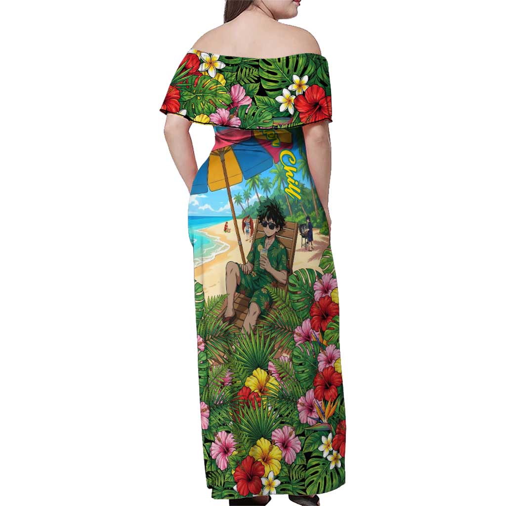 Midoriya Izuku Summer Chill Family Matching Off Shoulder Maxi Dress and Hawaiian Shirt Tropical Anime Relaxation Scene