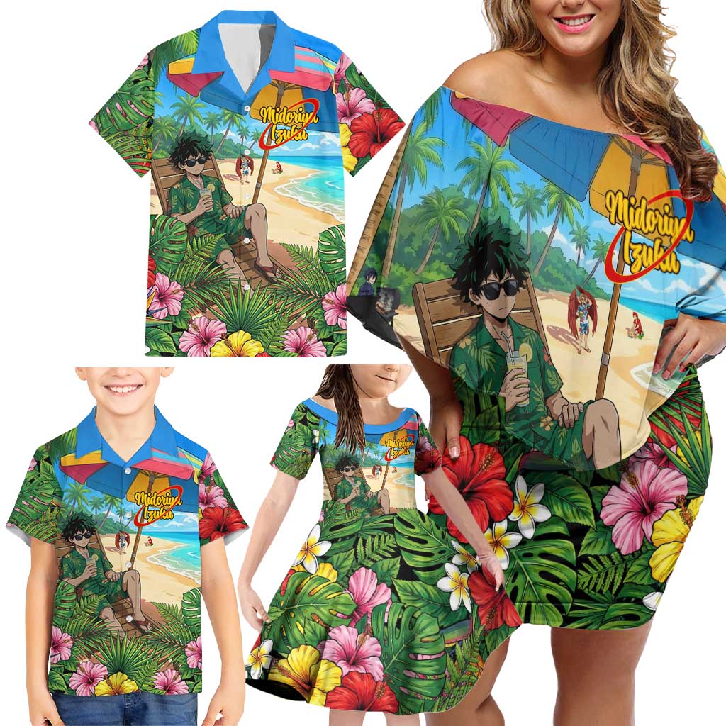 Midoriya Izuku Summer Chill Family Matching Off Shoulder Short Dress and Hawaiian Shirt Tropical Anime Relaxation Scene