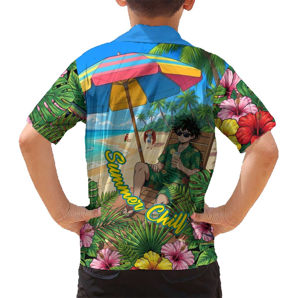 Midoriya Izuku Summer Chill Family Matching Off Shoulder Short Dress and Hawaiian Shirt Tropical Anime Relaxation Scene