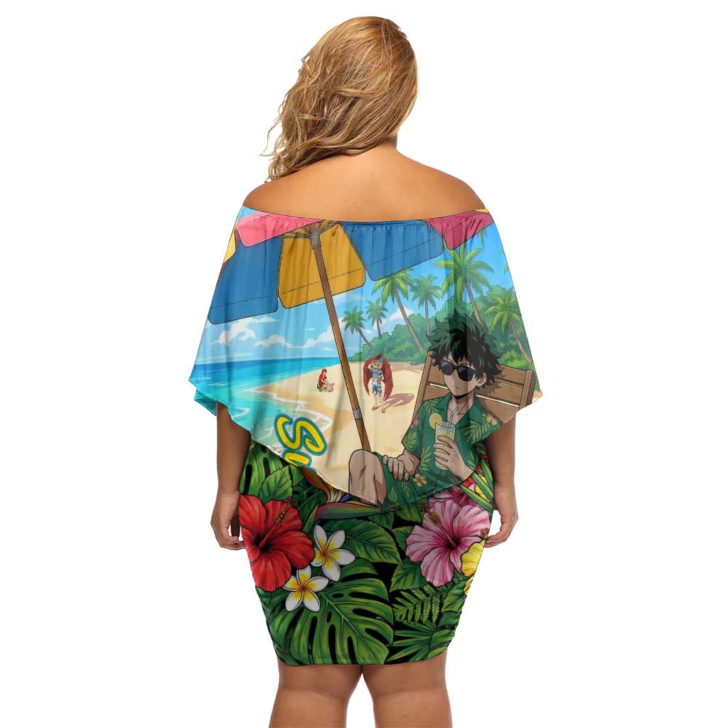 Midoriya Izuku Summer Chill Family Matching Off Shoulder Short Dress and Hawaiian Shirt Tropical Anime Relaxation Scene