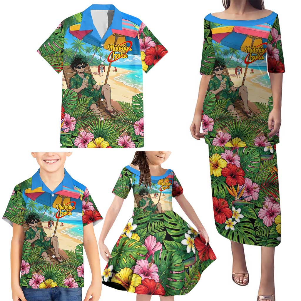 Midoriya Izuku Summer Chill Family Matching Puletasi and Hawaiian Shirt Tropical Anime Relaxation Scene