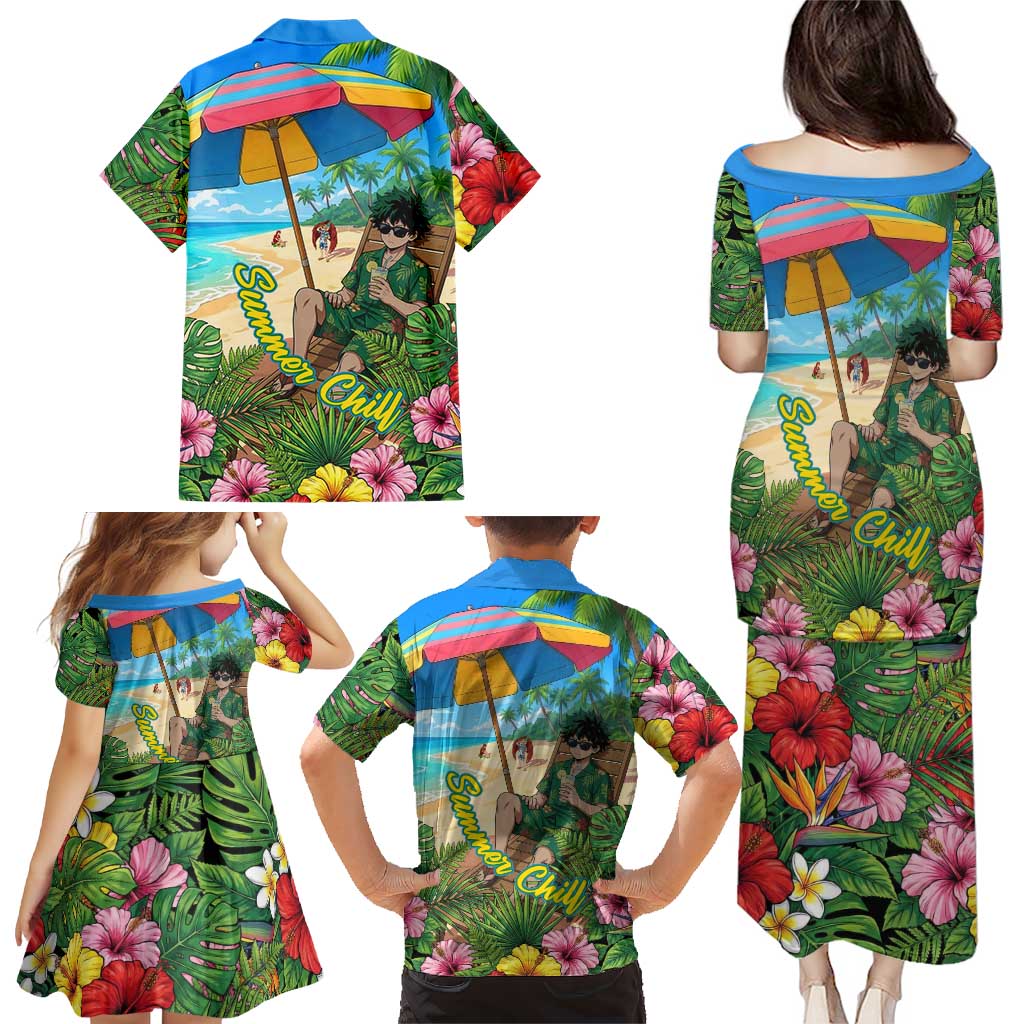 Midoriya Izuku Summer Chill Family Matching Puletasi and Hawaiian Shirt Tropical Anime Relaxation Scene