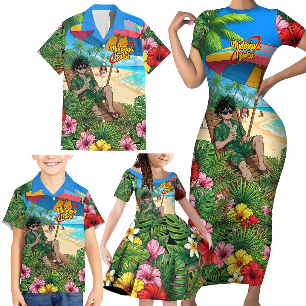 Midoriya Izuku Summer Chill Family Matching Short Sleeve Bodycon Dress and Hawaiian Shirt Tropical Anime Relaxation Scene
