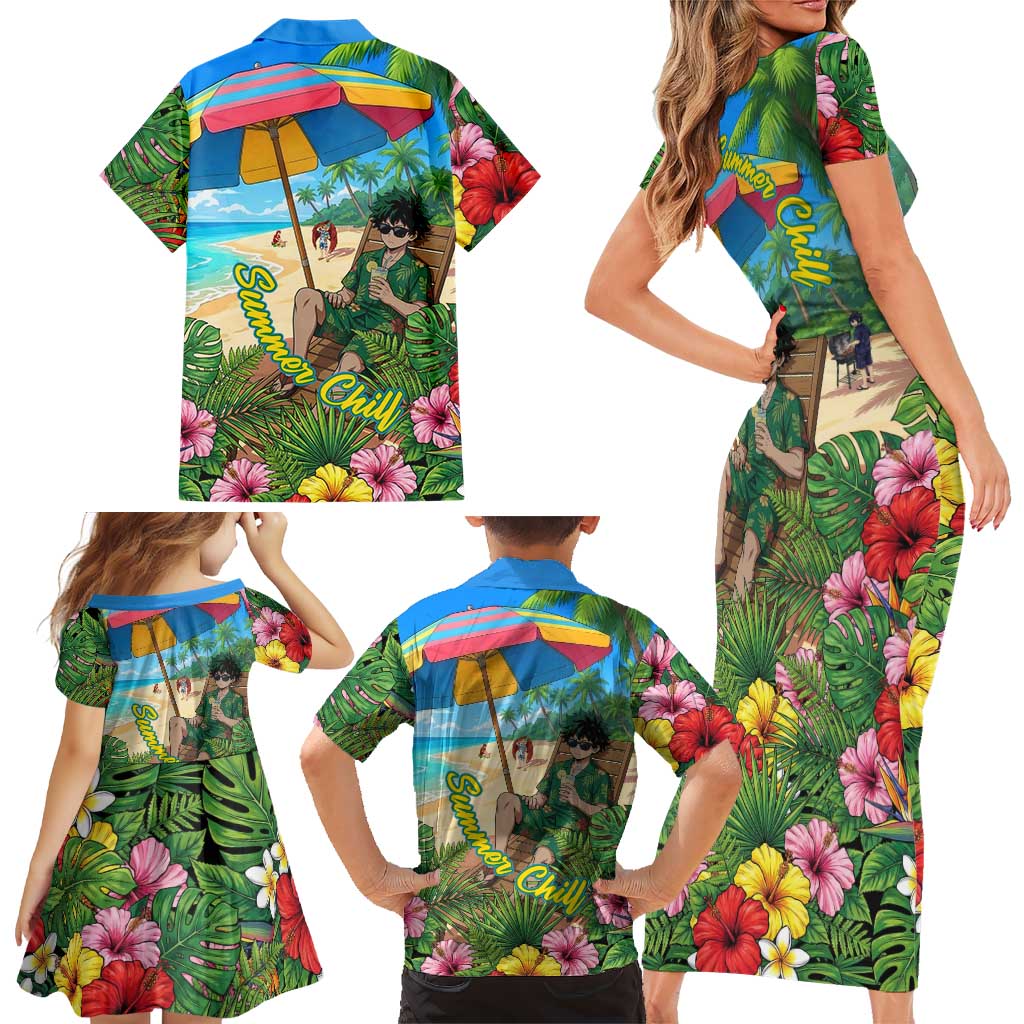 Midoriya Izuku Summer Chill Family Matching Short Sleeve Bodycon Dress and Hawaiian Shirt Tropical Anime Relaxation Scene
