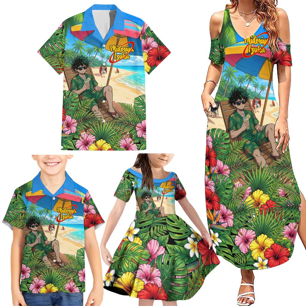 Midoriya Izuku Summer Chill Family Matching Summer Maxi Dress and Hawaiian Shirt Tropical Anime Relaxation Scene