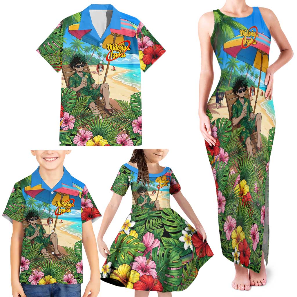 Midoriya Izuku Summer Chill Family Matching Tank Maxi Dress and Hawaiian Shirt Tropical Anime Relaxation Scene