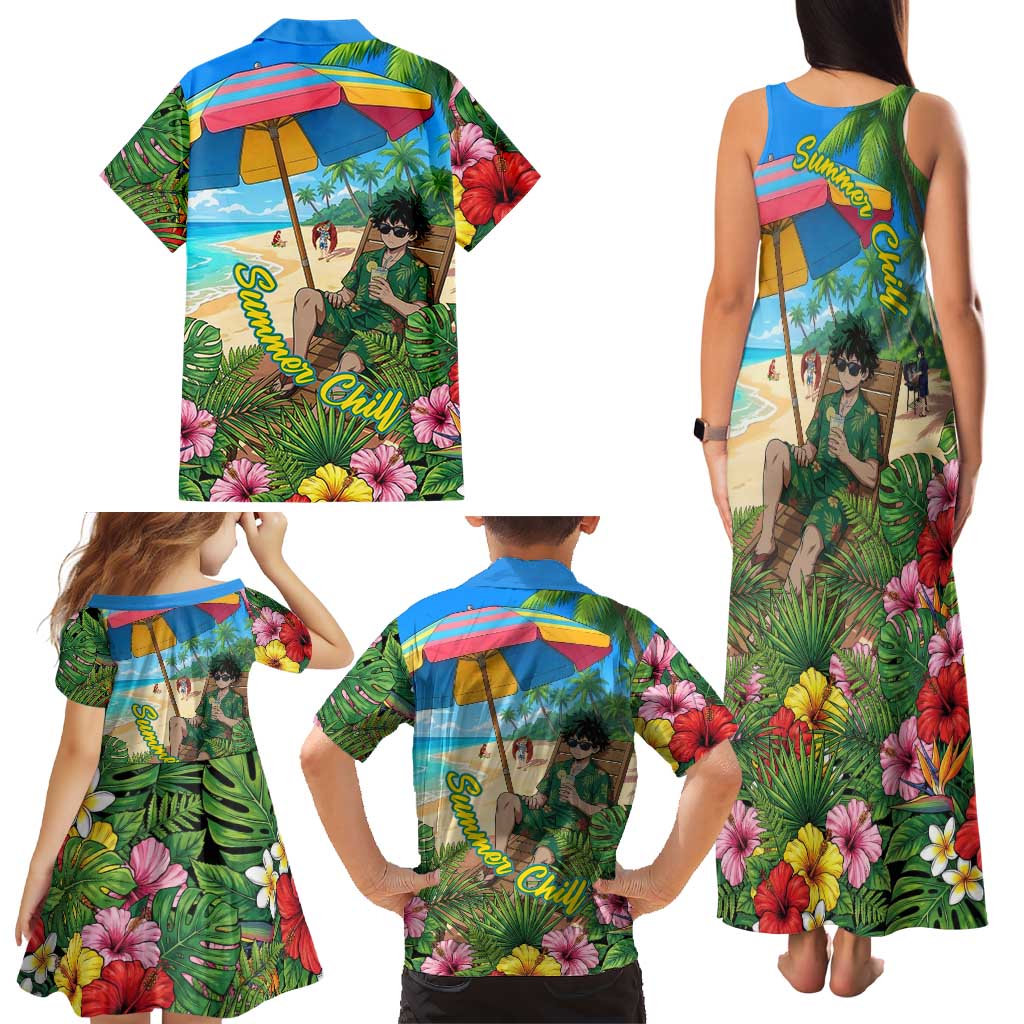 Midoriya Izuku Summer Chill Family Matching Tank Maxi Dress and Hawaiian Shirt Tropical Anime Relaxation Scene