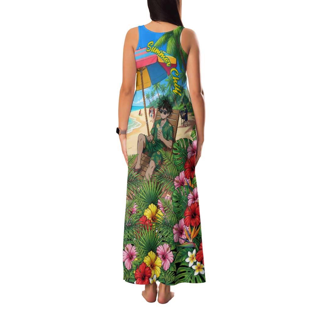 Midoriya Izuku Summer Chill Family Matching Tank Maxi Dress and Hawaiian Shirt Tropical Anime Relaxation Scene