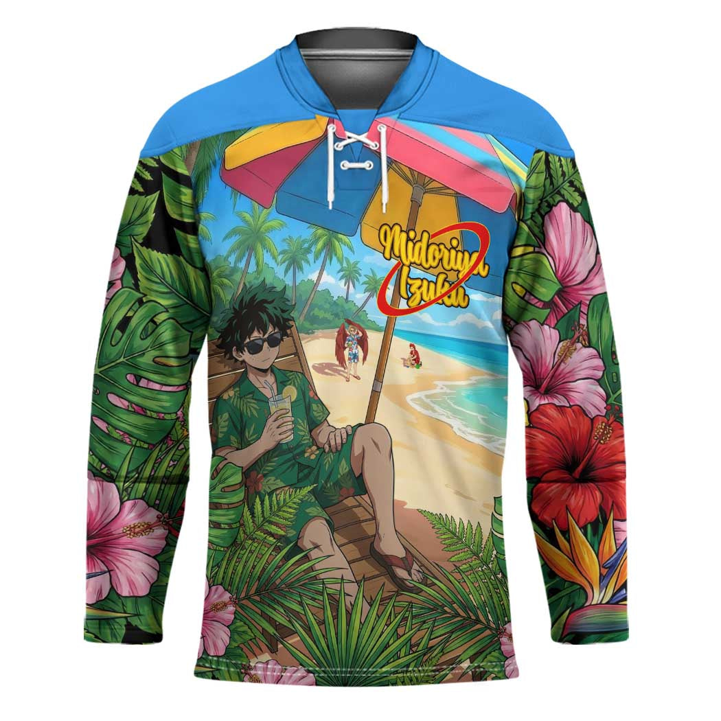 Midoriya Izuku Summer Chill Hockey Jersey Tropical Anime Relaxation Scene