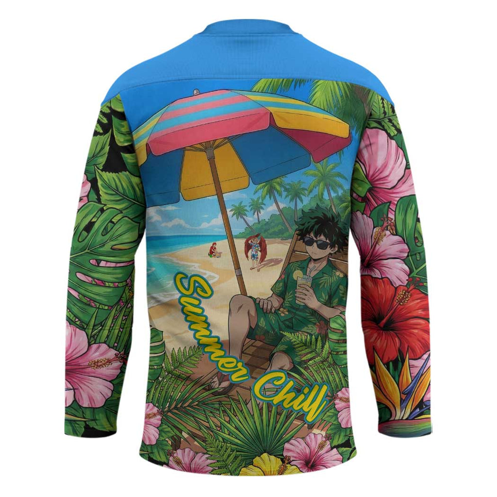 Midoriya Izuku Summer Chill Hockey Jersey Tropical Anime Relaxation Scene