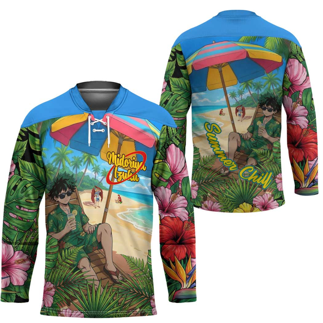 Midoriya Izuku Summer Chill Hockey Jersey Tropical Anime Relaxation Scene