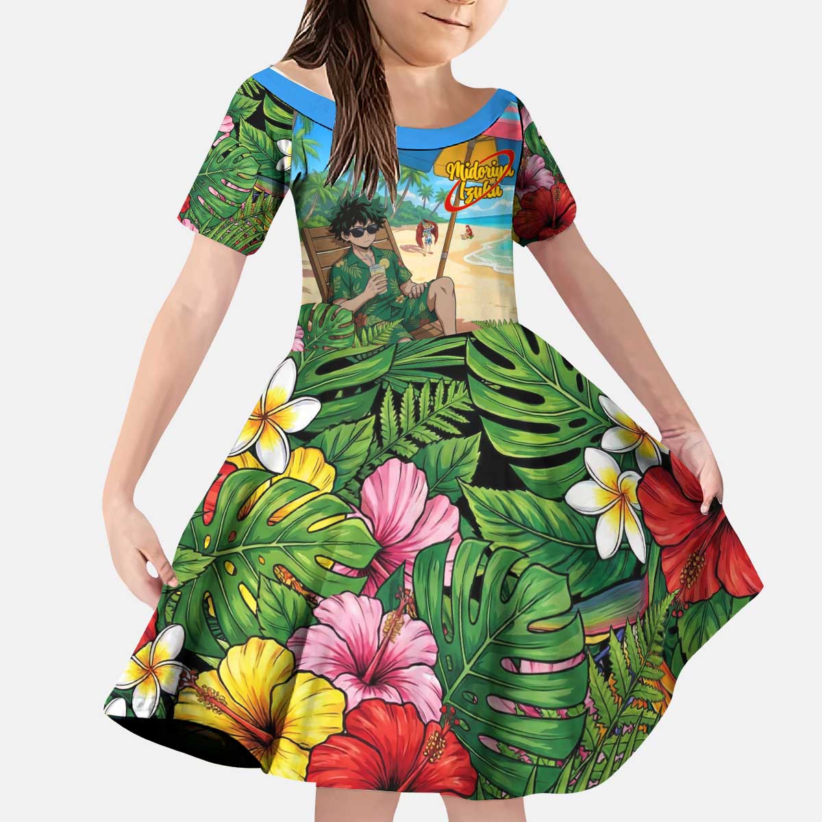 Midoriya Izuku Summer Chill Kid Short Sleeve Dress Tropical Anime Relaxation Scene