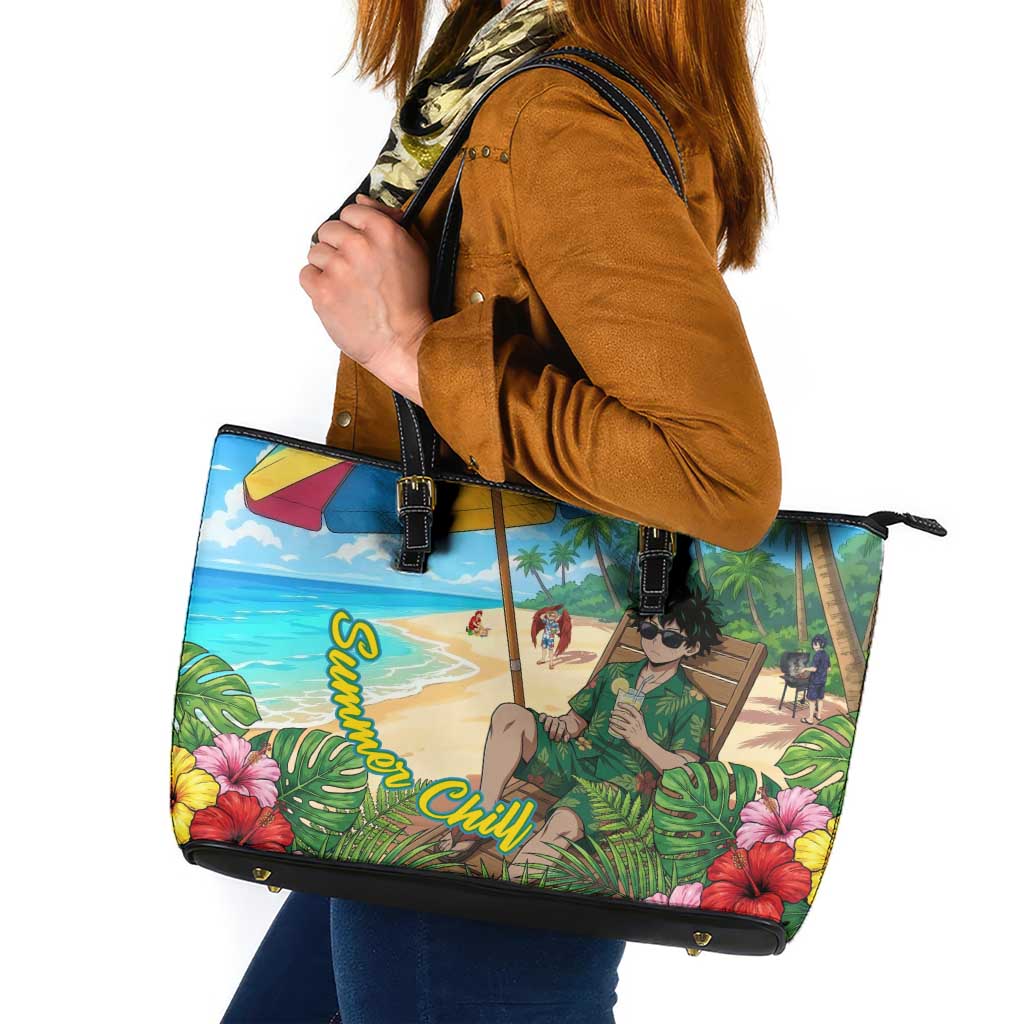 Midoriya Izuku Summer Chill Leather Tote Bag Tropical Anime Relaxation Scene