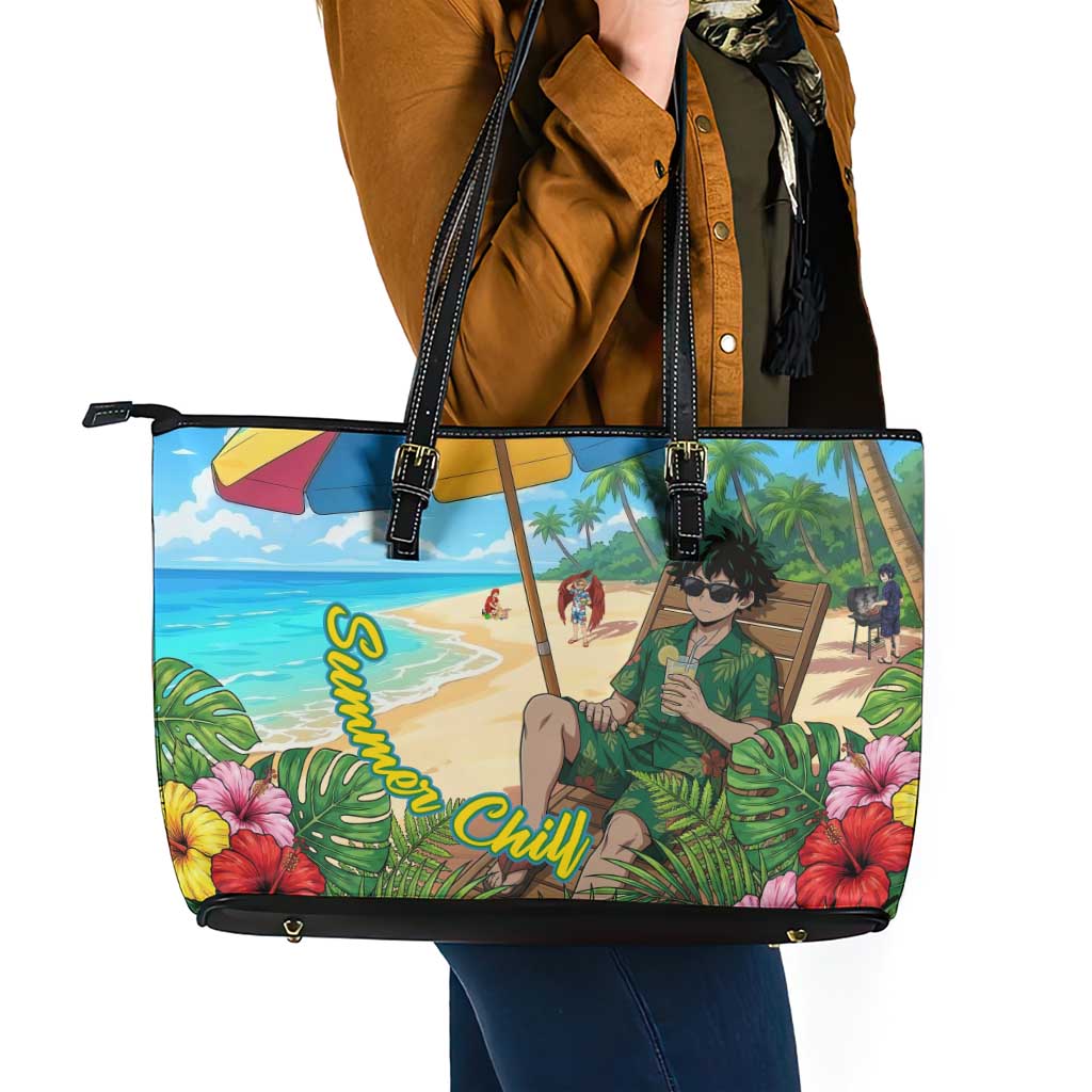 Midoriya Izuku Summer Chill Leather Tote Bag Tropical Anime Relaxation Scene